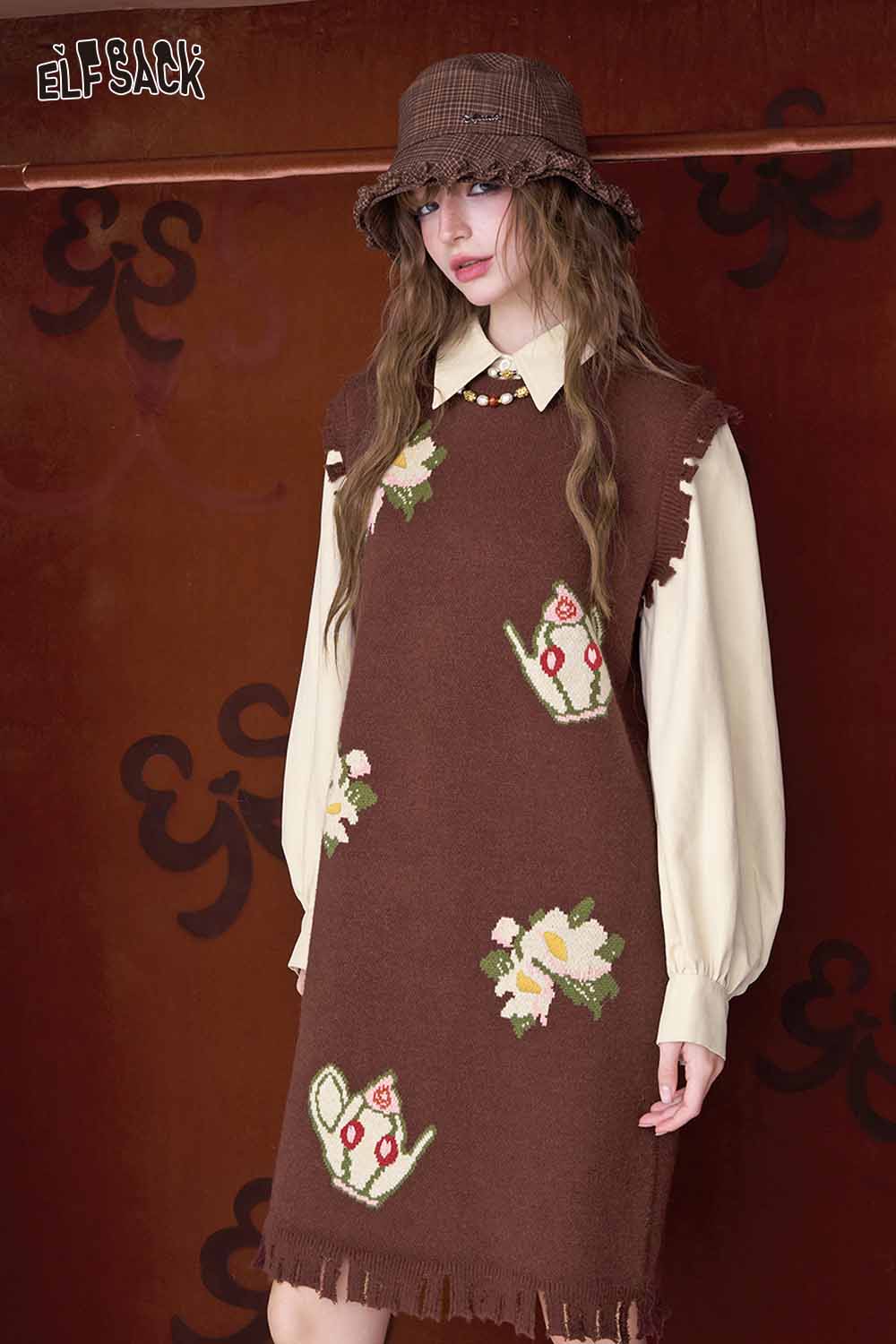 ELFSACK fake two piece long dress with floral design and layered shirt for a trendy look