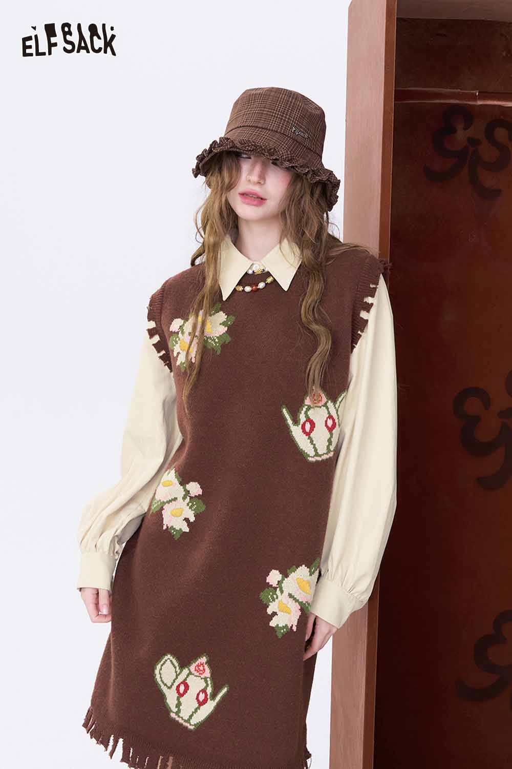 ELFSACK fake two piece long dress in brown with floral embroidery and a layered shirt design