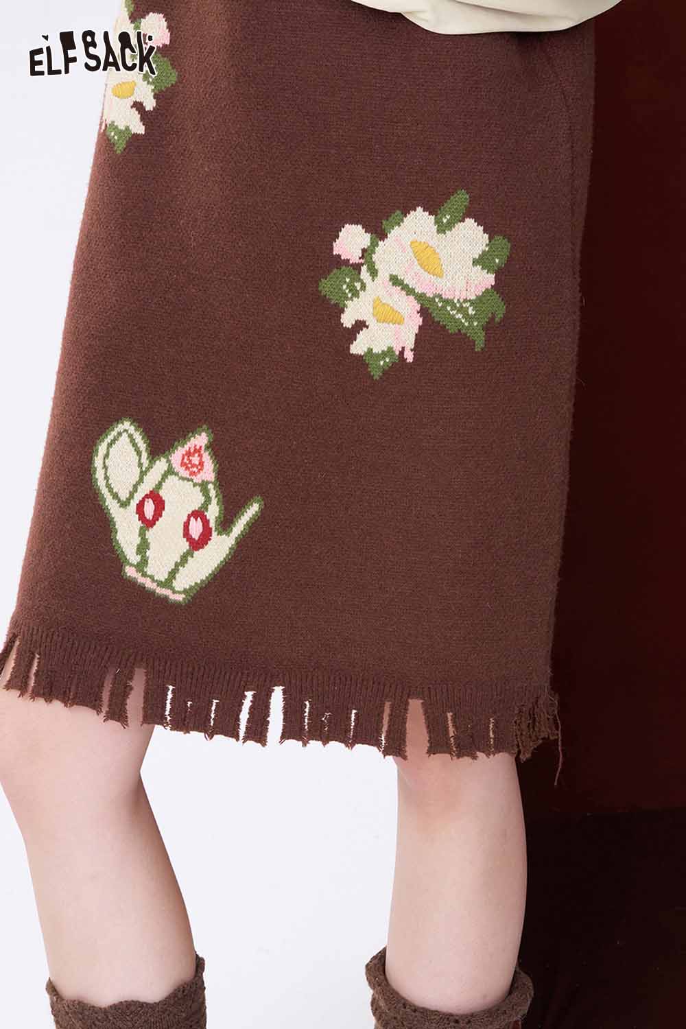 ELFSACK fake two piece long dress in brown with floral embroidery and fringed hem detail