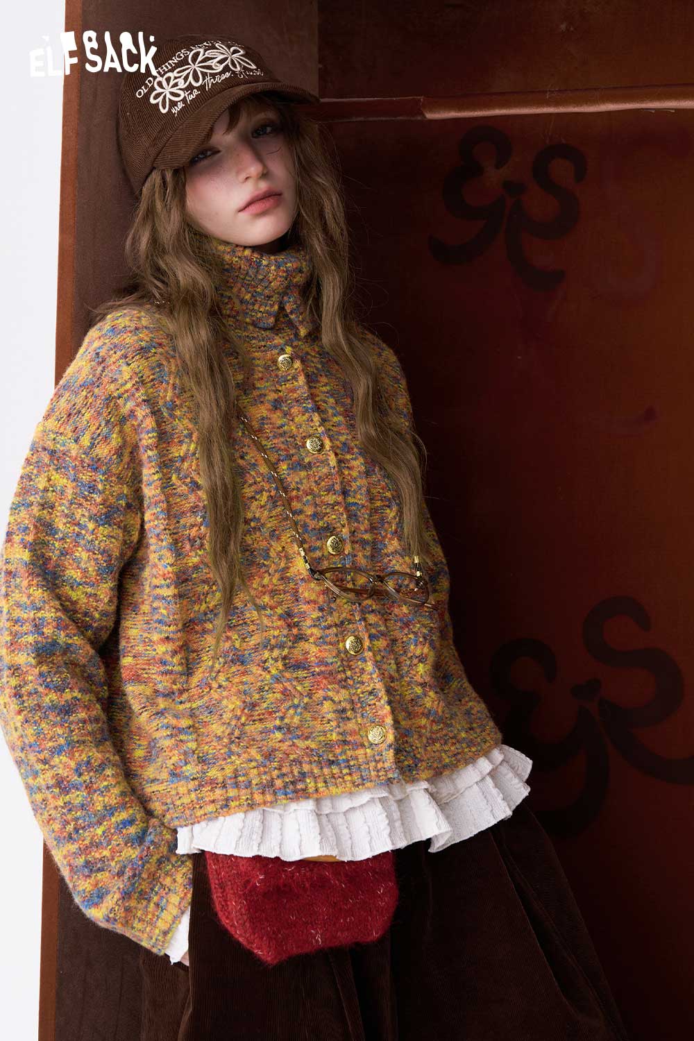 ELFSACK cropped high neck sweater for women in multi-colored knit with button details and a stylish fit