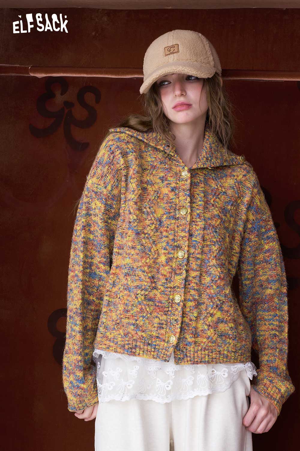 ELFSACK Cropped High Neck Sweater for Women in Multicolor Knit with Button Closure