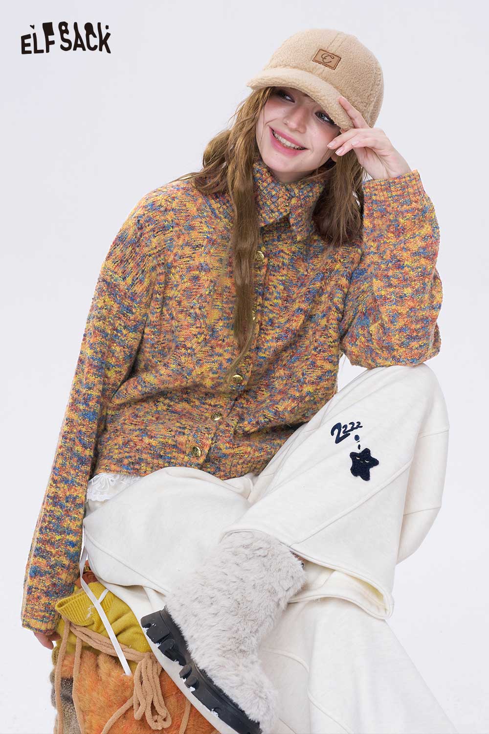 ELFSACK cropped high neck sweater for women in colorful knit with button details and stylish design