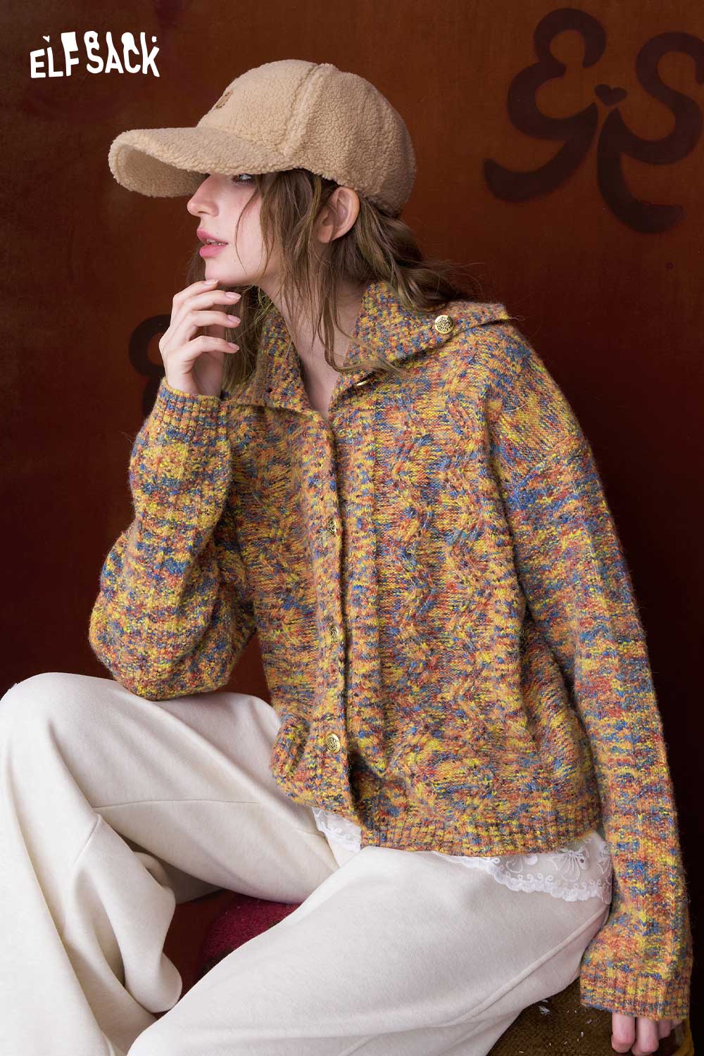 ELFSACK cropped high neck sweater for women in colorful knit with a relaxed fit and hooded design