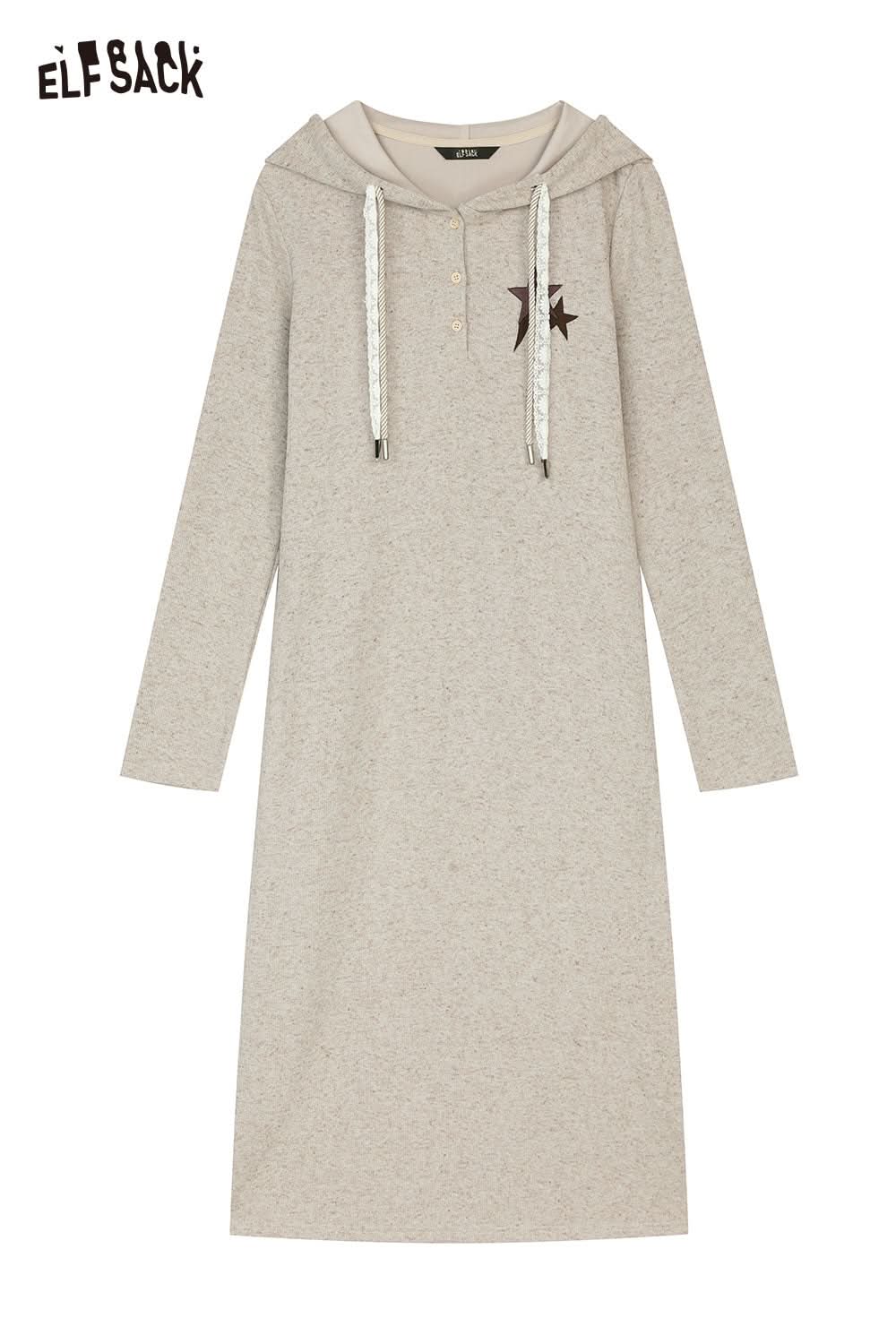 ELFSACK soft star sweatshirt dress in light gray with a hood and button detail for casual comfort