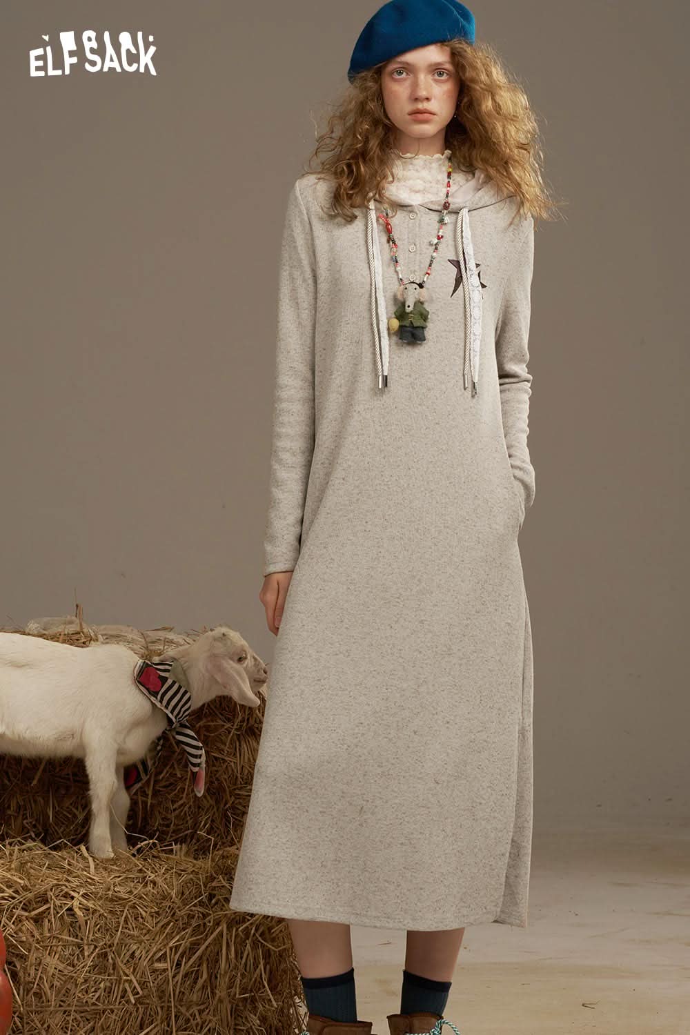 ELFSACK soft star sweatshirt dress in gray with a relaxed fit and hooded design for casual style