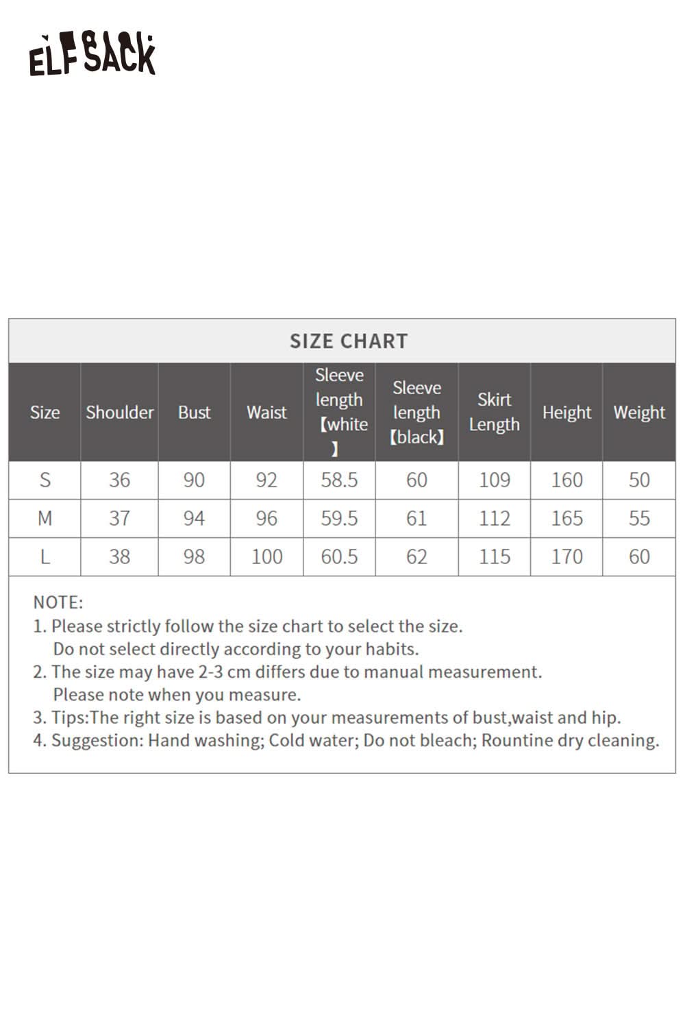 Size chart for ELFSACK soft star sweatshirt dress with measurements for bust, waist, and length