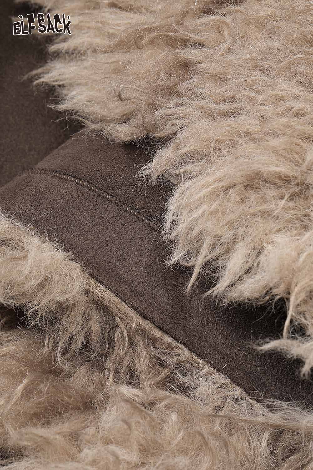 ELFSACK faux fur ombre cropped jacket in tan and brown textures with soft, fluffy fabric