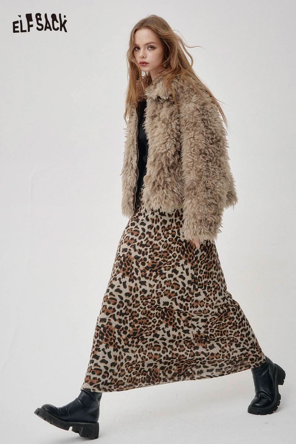 ELFSACK faux fur ombre cropped jacket paired with a leopard print maxi skirt