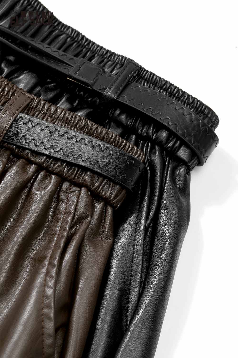 Two colors of ELFSACK faux leather maxi skirt showcasing elastic waistband and soft texture