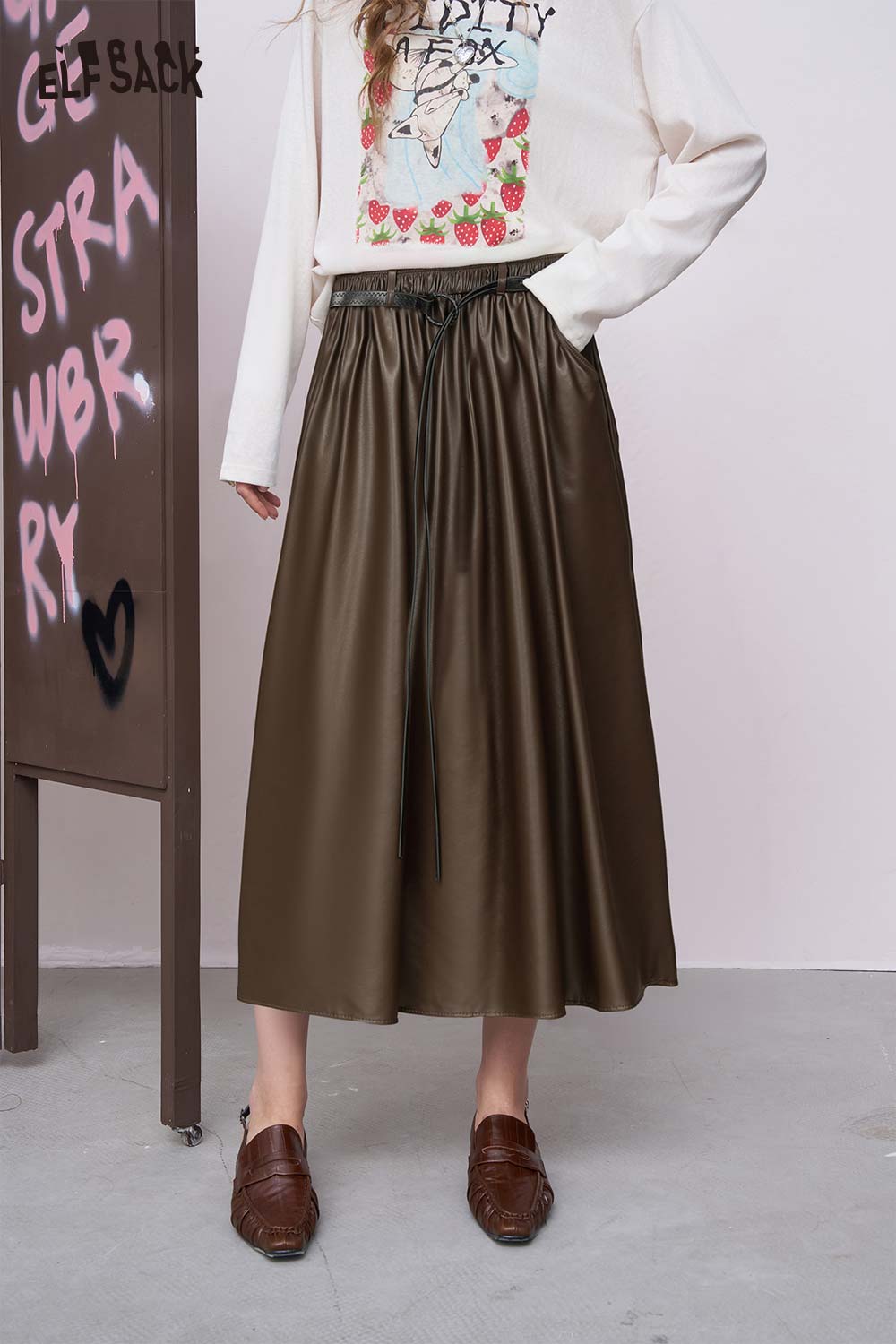 ELFSACK faux leather maxi skirt in olive green with a comfortable waistband and flowy design