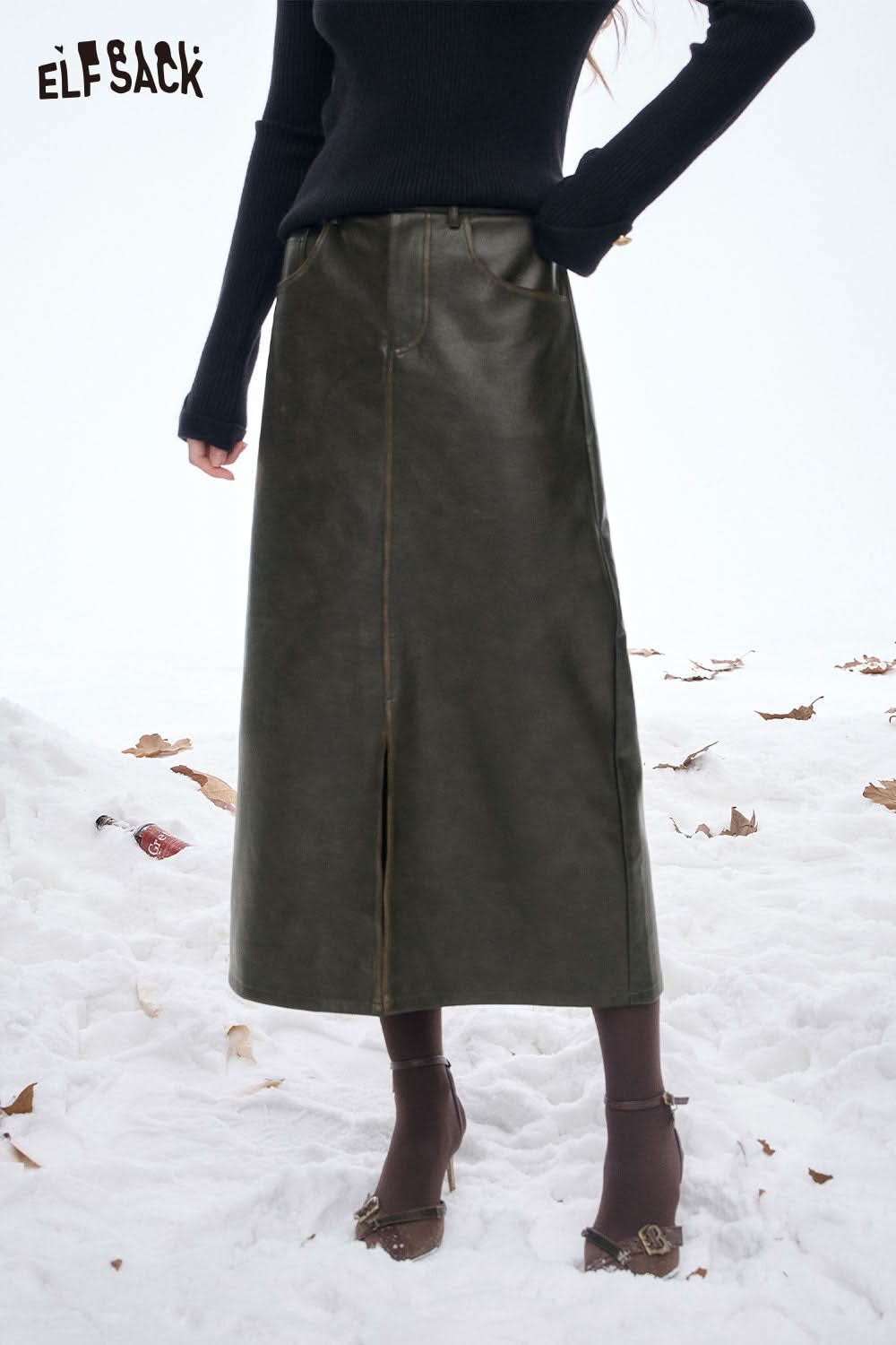 ELFSACK faux leather maxi skirt in dark green, perfect for stylish winter outfits and versatile layering