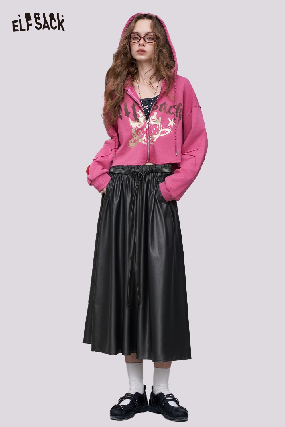 ELFSACK faux leather maxi skirt styled with a pink hoodie for a trendy casual look