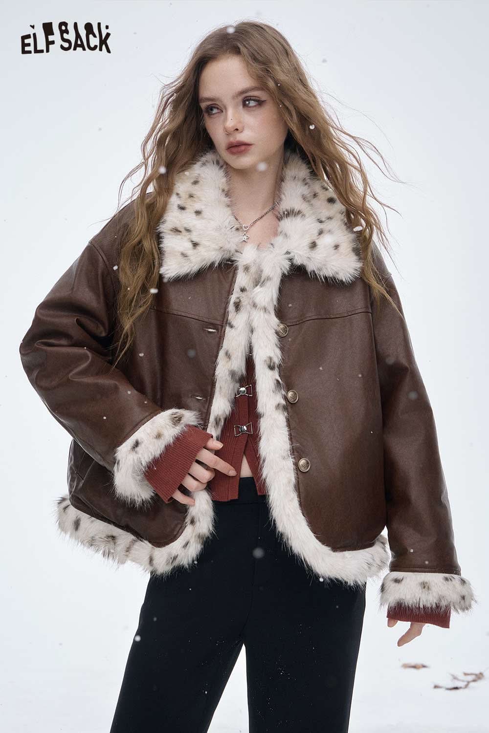 ELFSACK faux leather plush trim jacket with a stylish brown finish and soft fur detailing