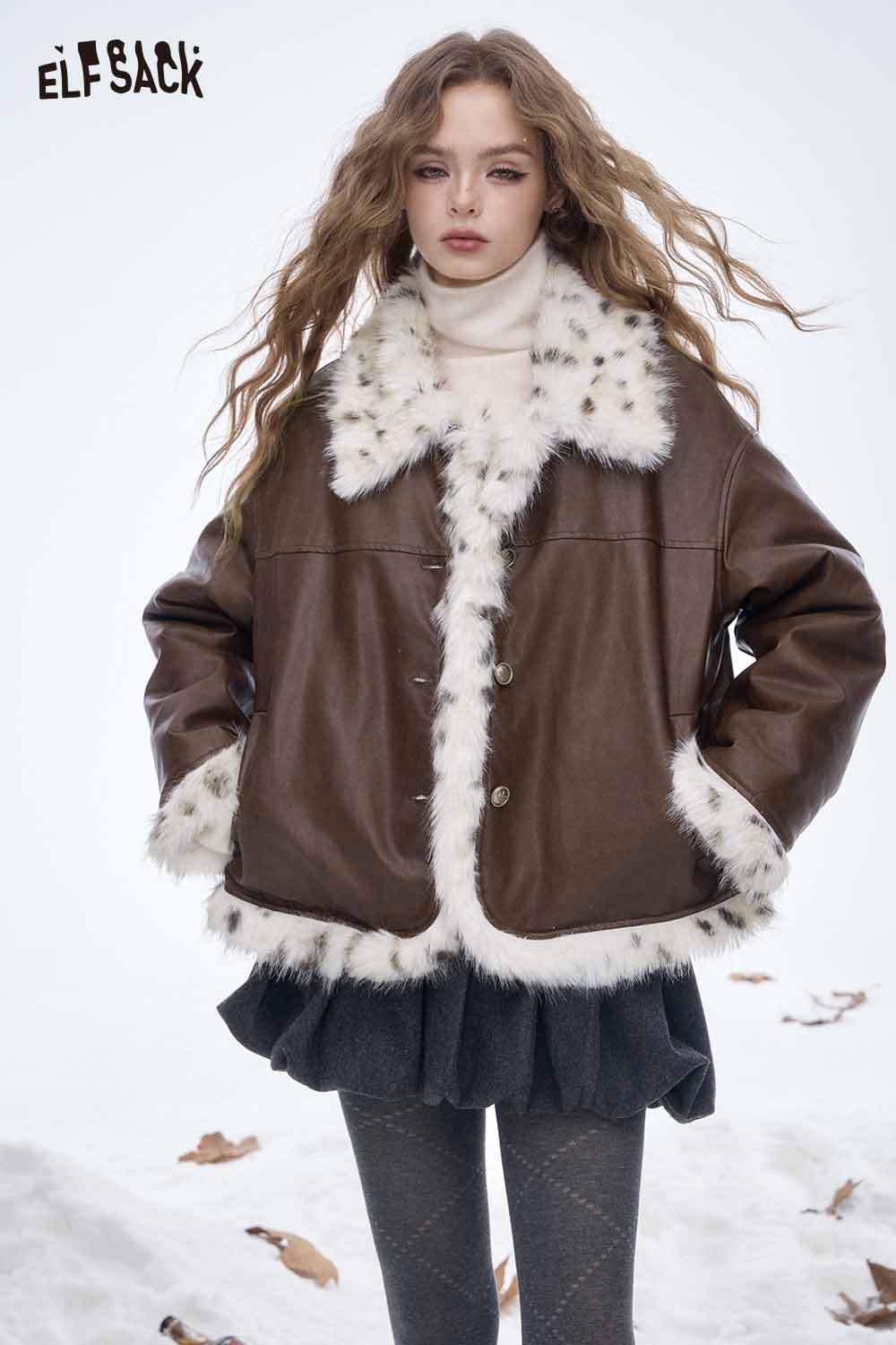 ELFSACK faux leather plush trim jacket in brown with stylish fur collar for winter fashion