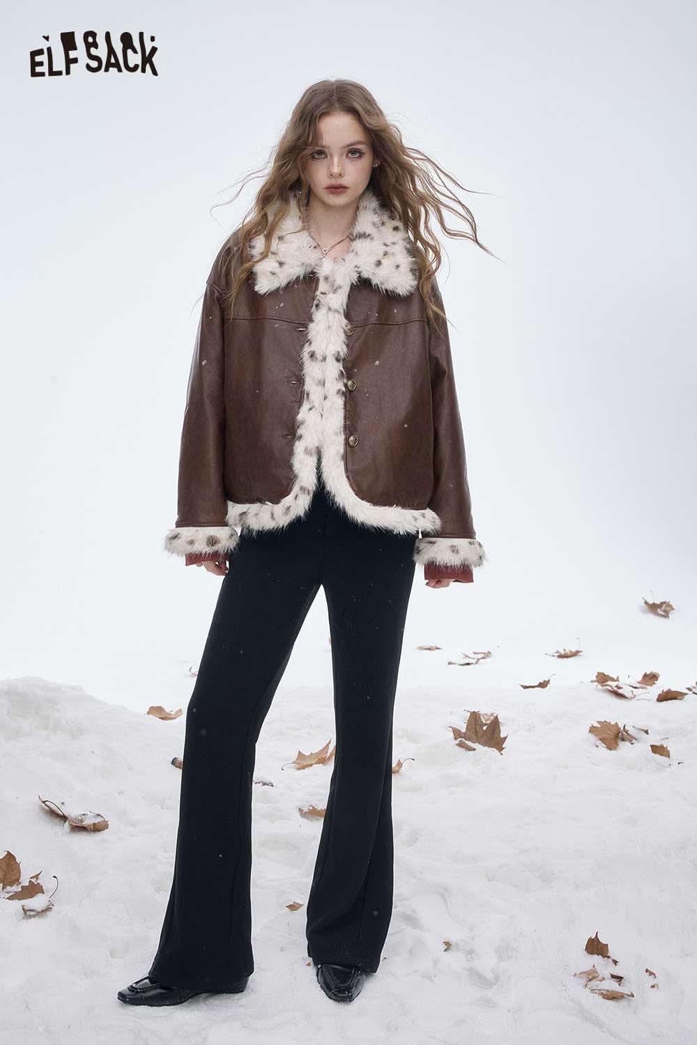 ELFSACK faux leather plush trim jacket in brown featuring a cozy fur collar and stylish design