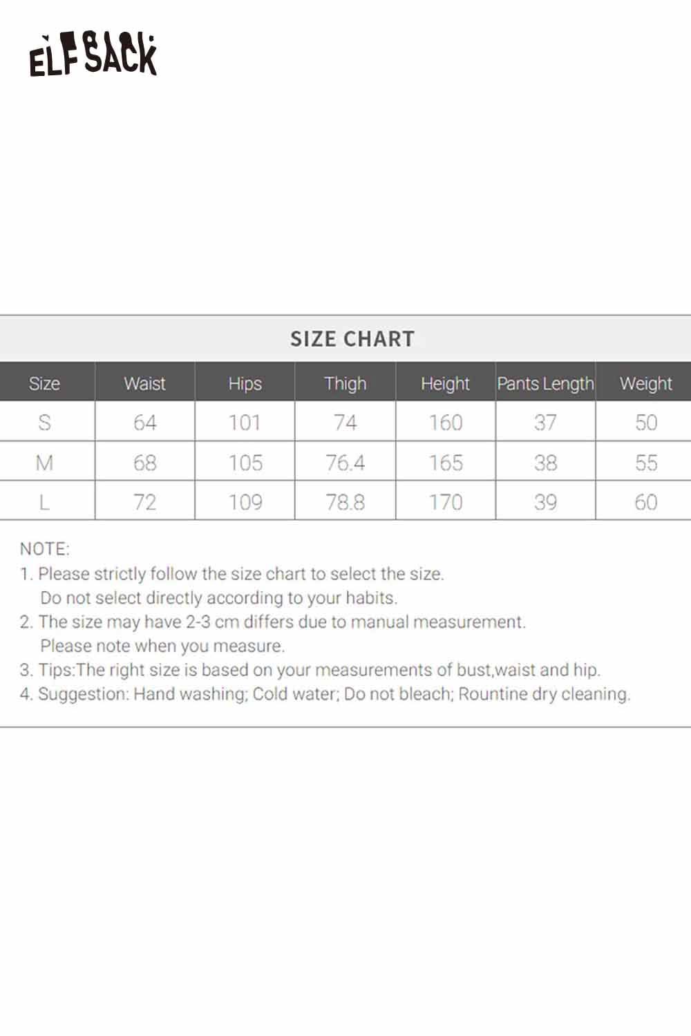 ELFSACK Size Chart for faux leather shorts for women featuring measurements for waist, hips, and height