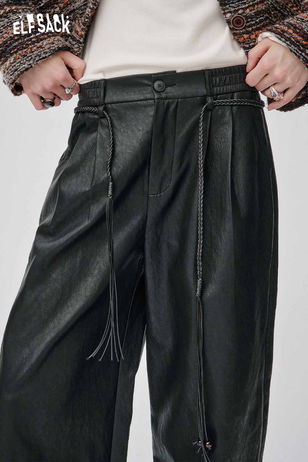 ELFSACK faux leather wide leg trousers with drawstring detail for a stylish, relaxed fit