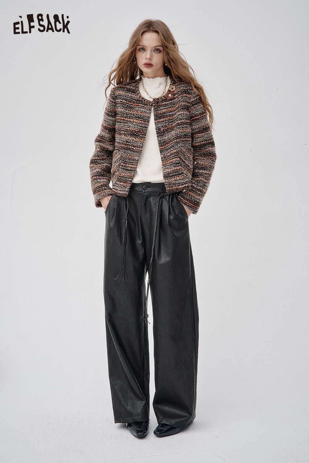 ELFSACK faux leather wide leg trousers with stylish pleats for a chic, contemporary look