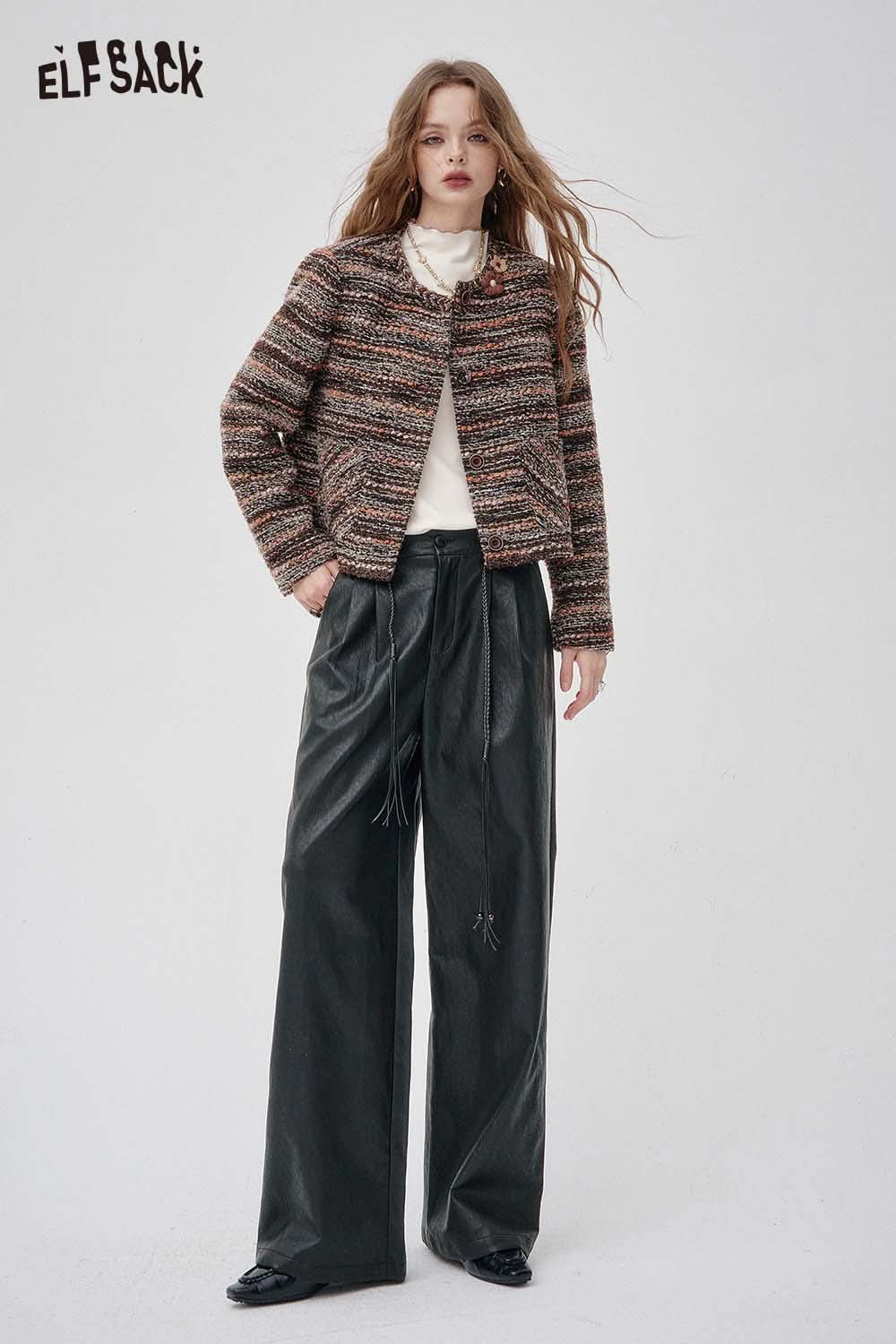 ELFSACK faux leather wide leg trousers styled with a trendy jacket for a chic look