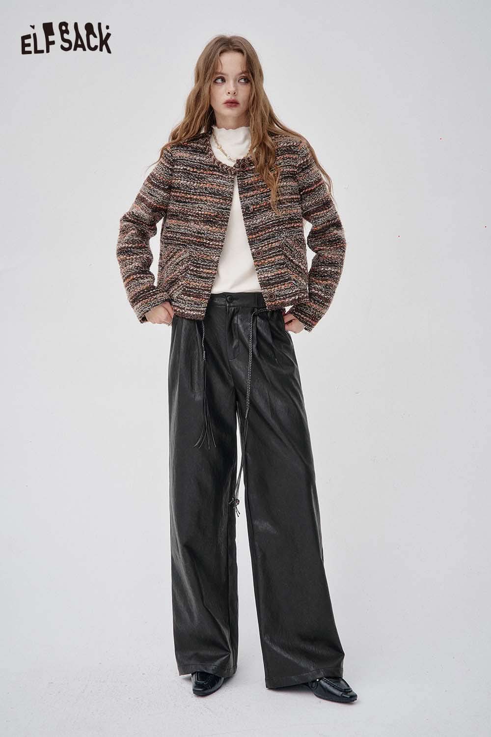 ELFSACK faux leather wide leg trousers paired with a stylish textured jacket for a trendy look