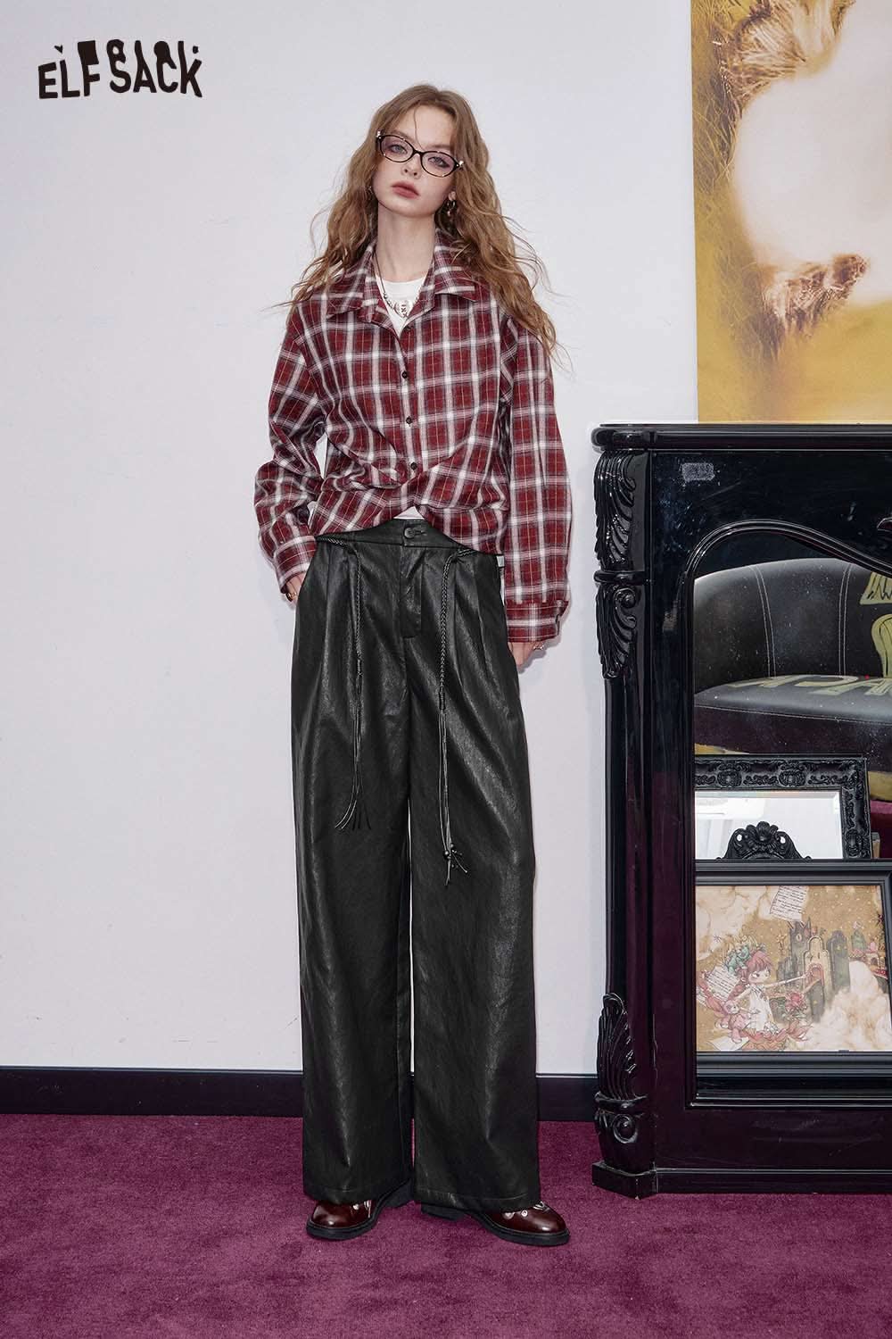 ELFSACK faux leather wide leg trousers paired with a checkered shirt for a chic look