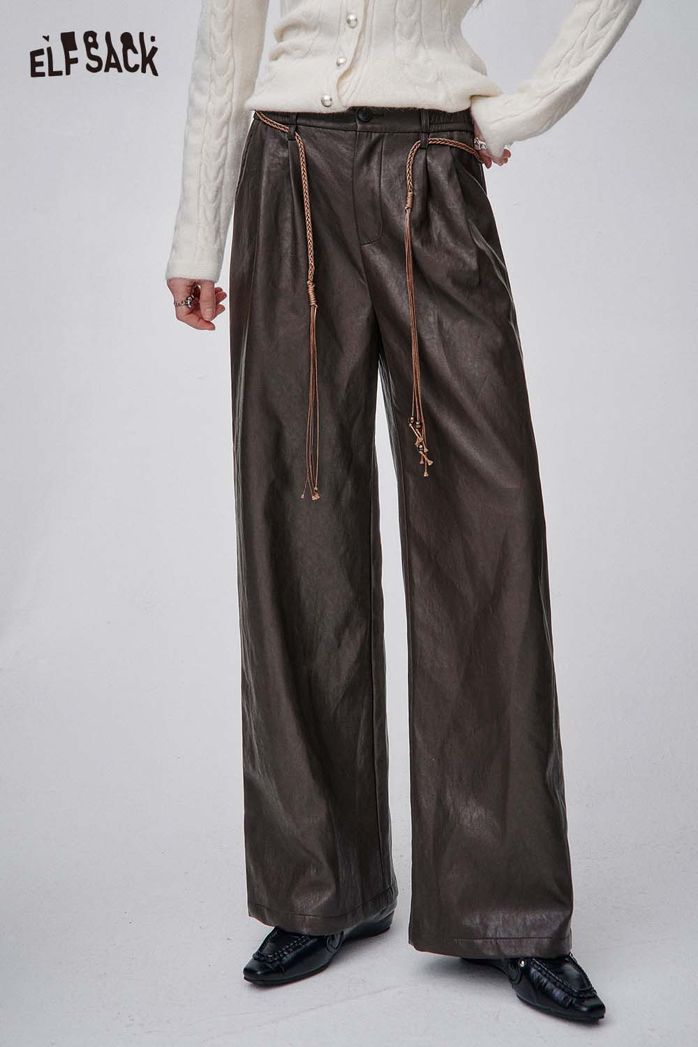 ELFSACK faux leather wide leg trousers with a stylish tie detail for a chic look