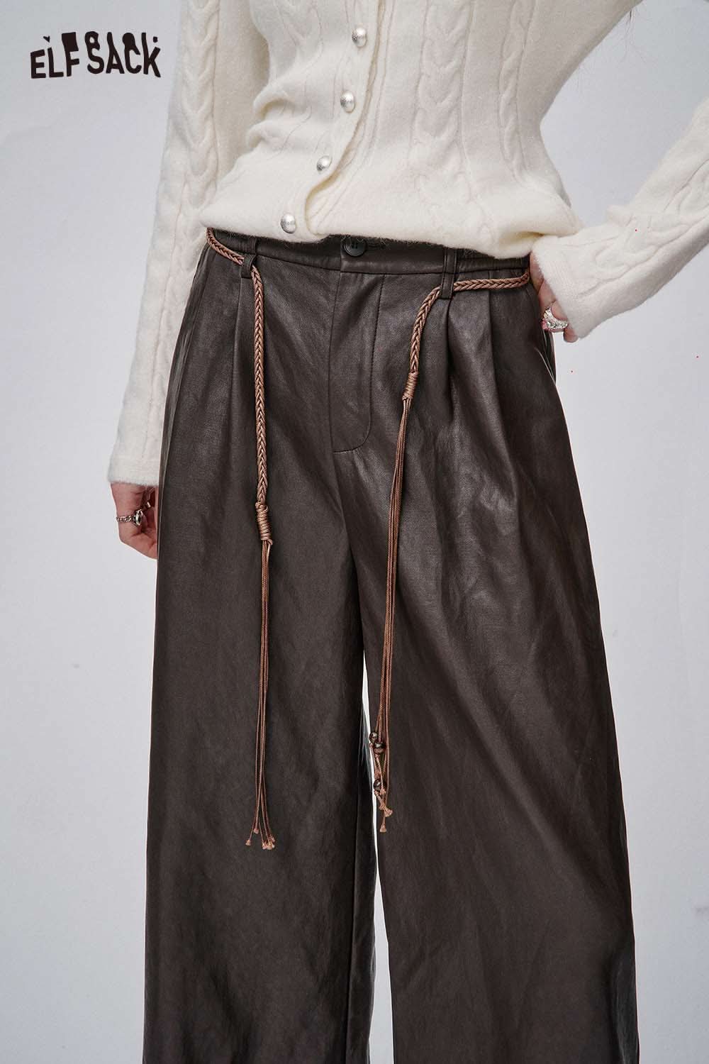 ELFSACK faux leather wide leg trousers with stylish detail and comfortable fit for trendy outfits