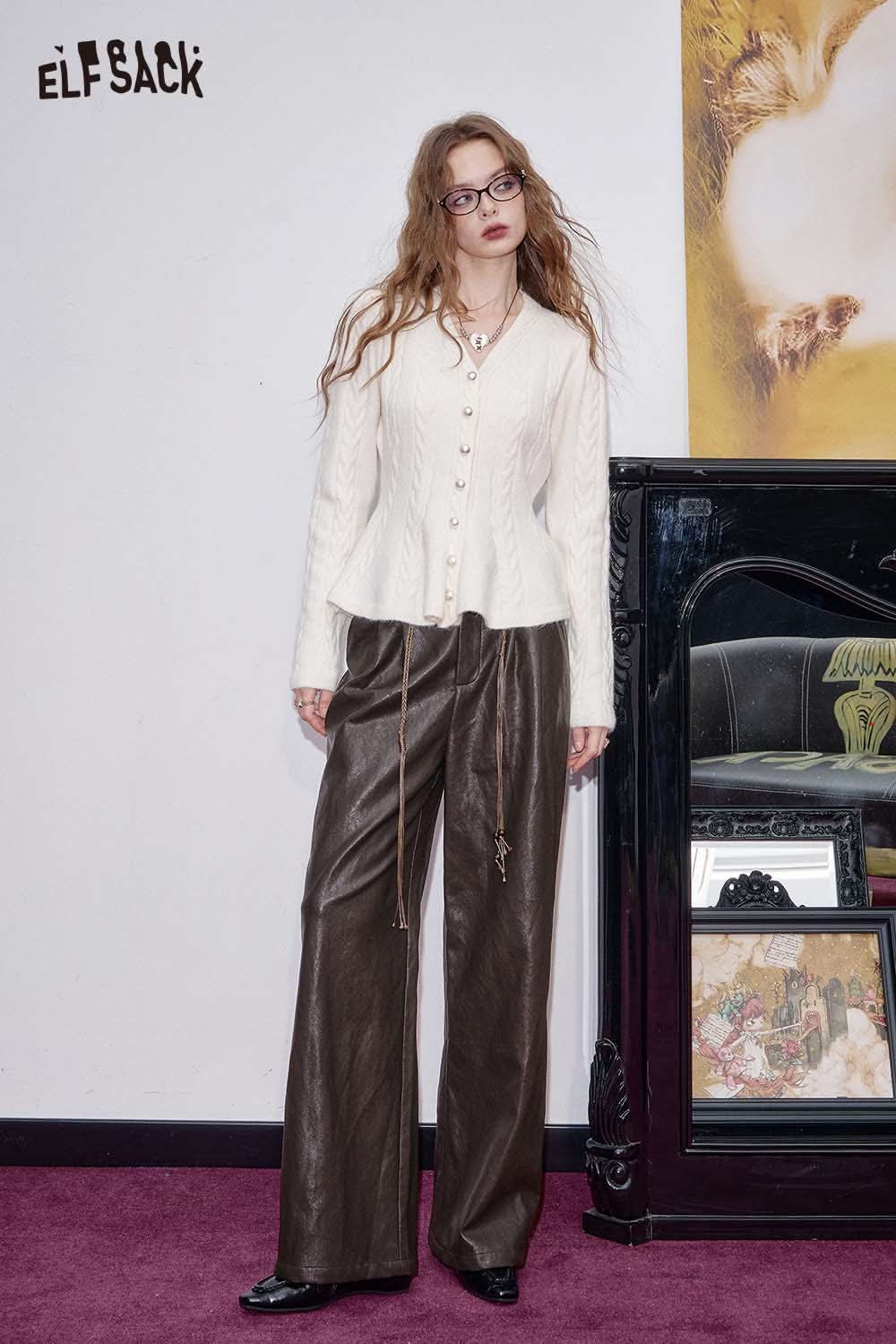 ELFSACK faux leather wide leg trousers styled with a cream cardigan for a chic look