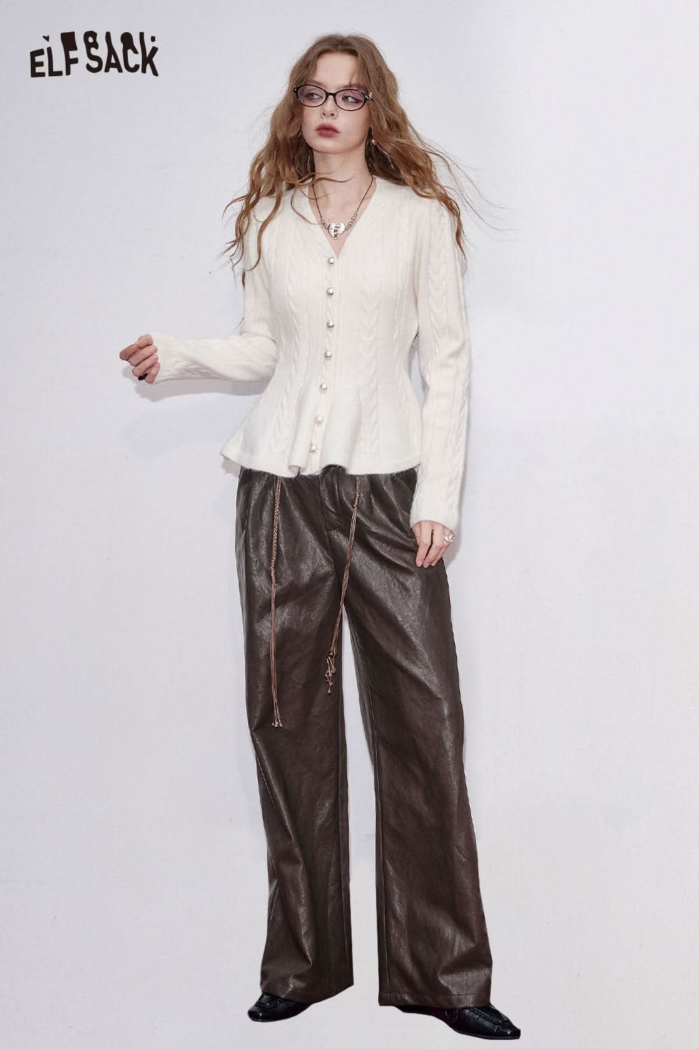 ELFSACK faux leather wide leg trousers styled with a cream cable knit cardigan for a chic look