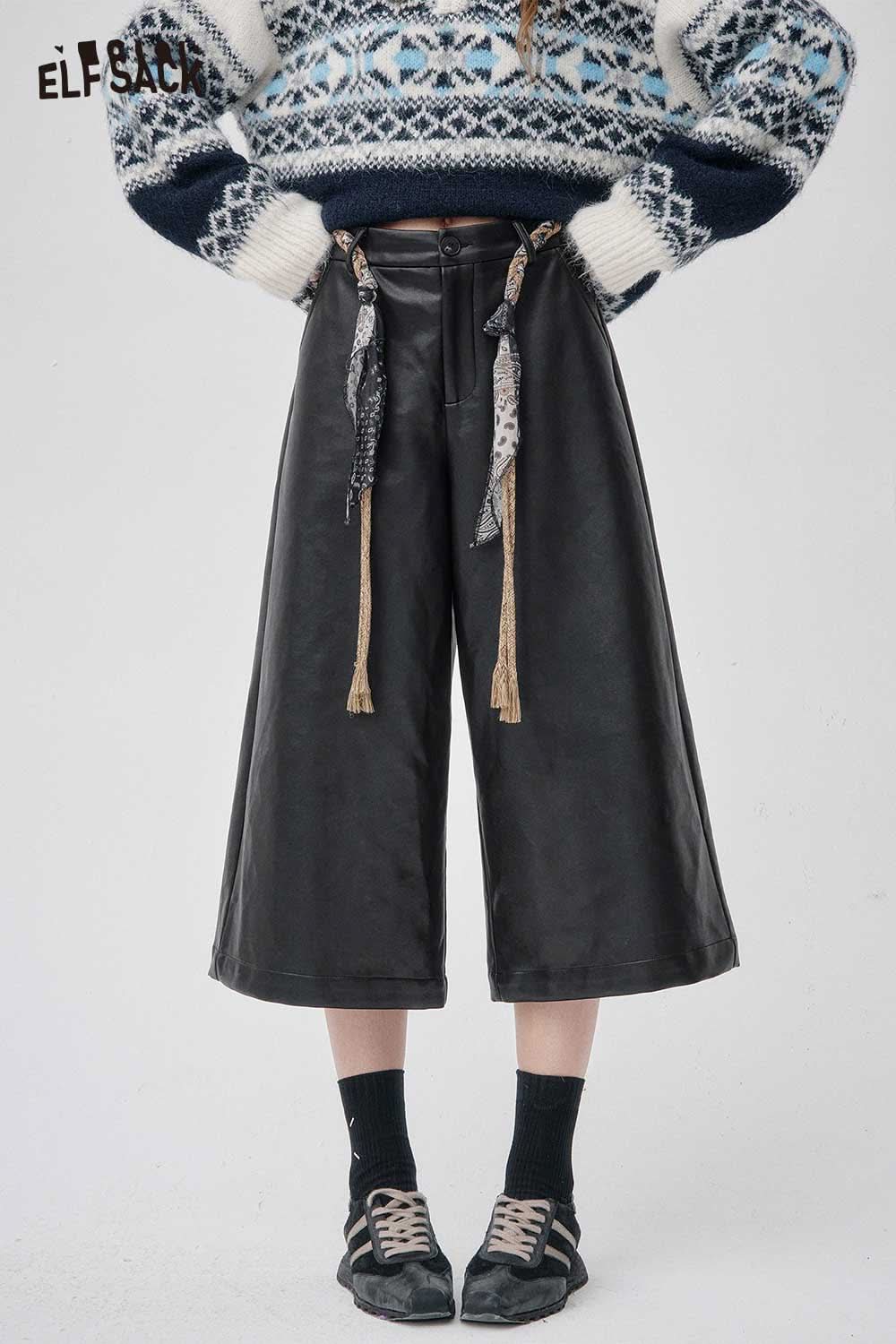 ELFSACK faux leather wide leg trousers with decorative ties and a stylish loose fit