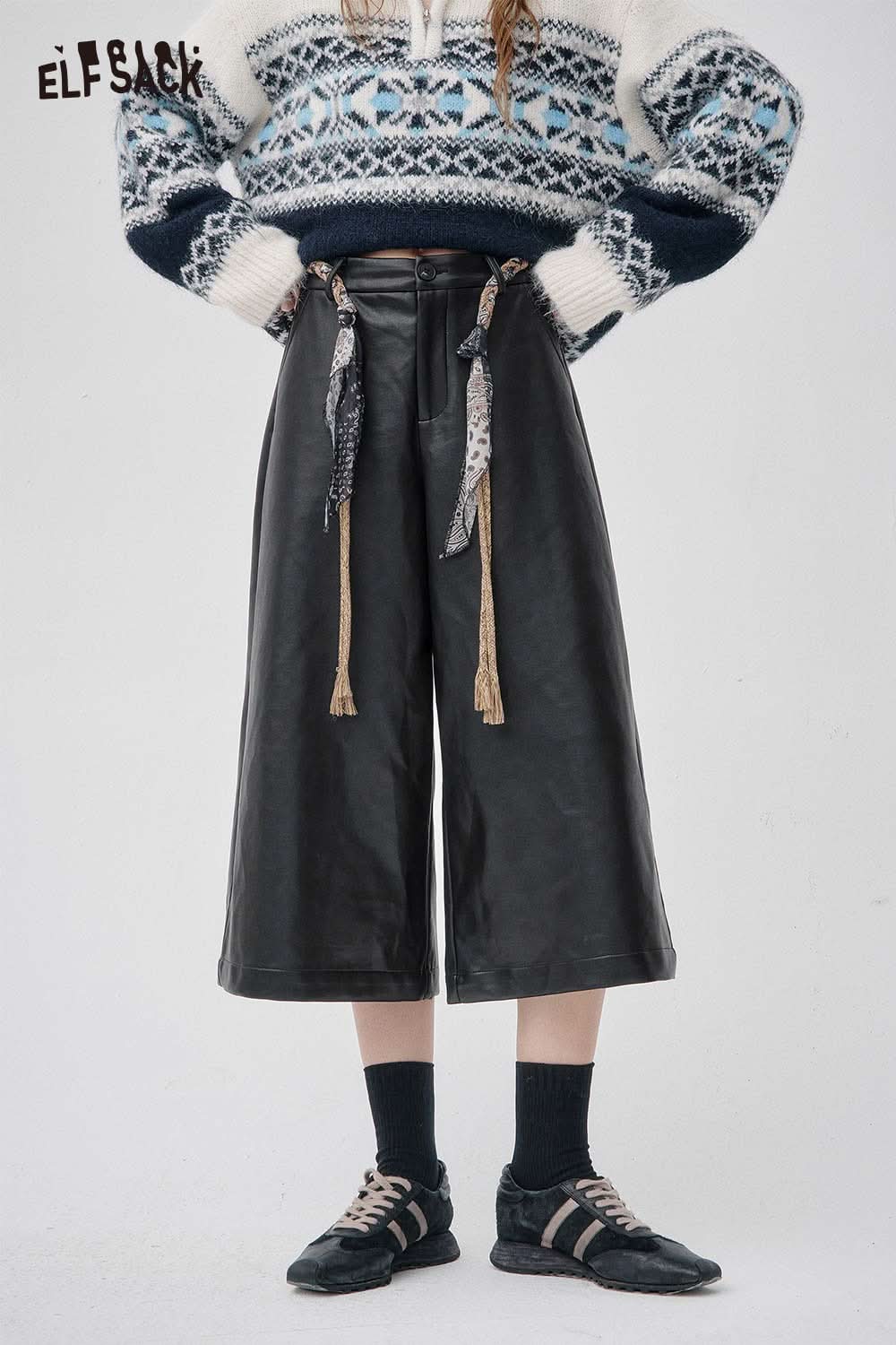 ELFSACK faux leather wide leg trousers with decorative ties and stylish design