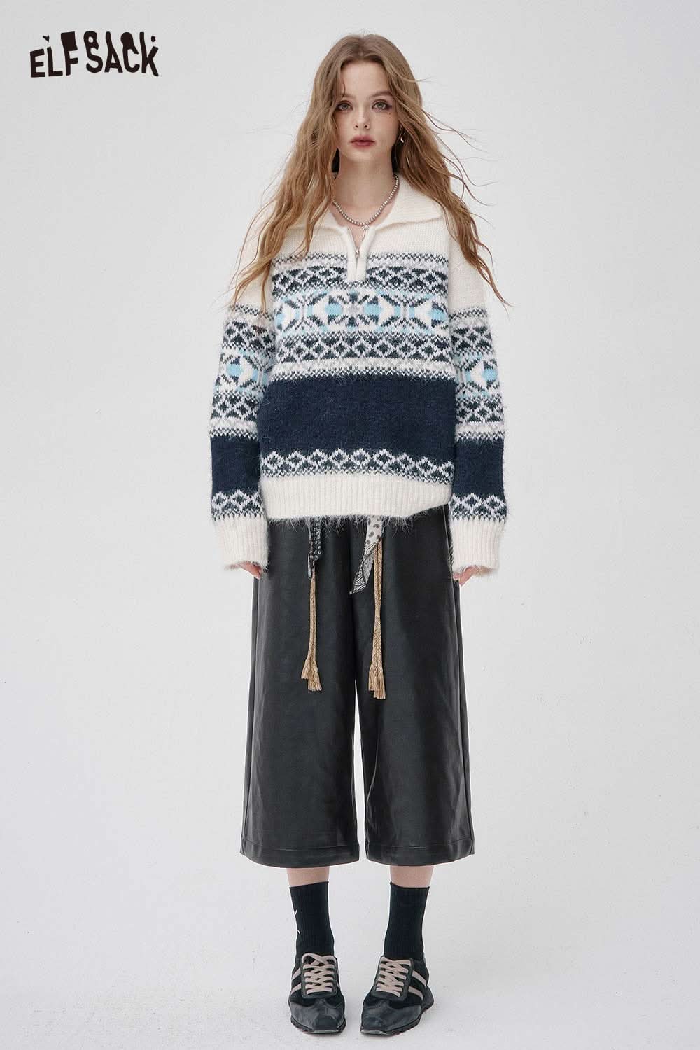 ELFSACK faux leather wide leg trousers styled with a patterned knit sweater for a trendy look