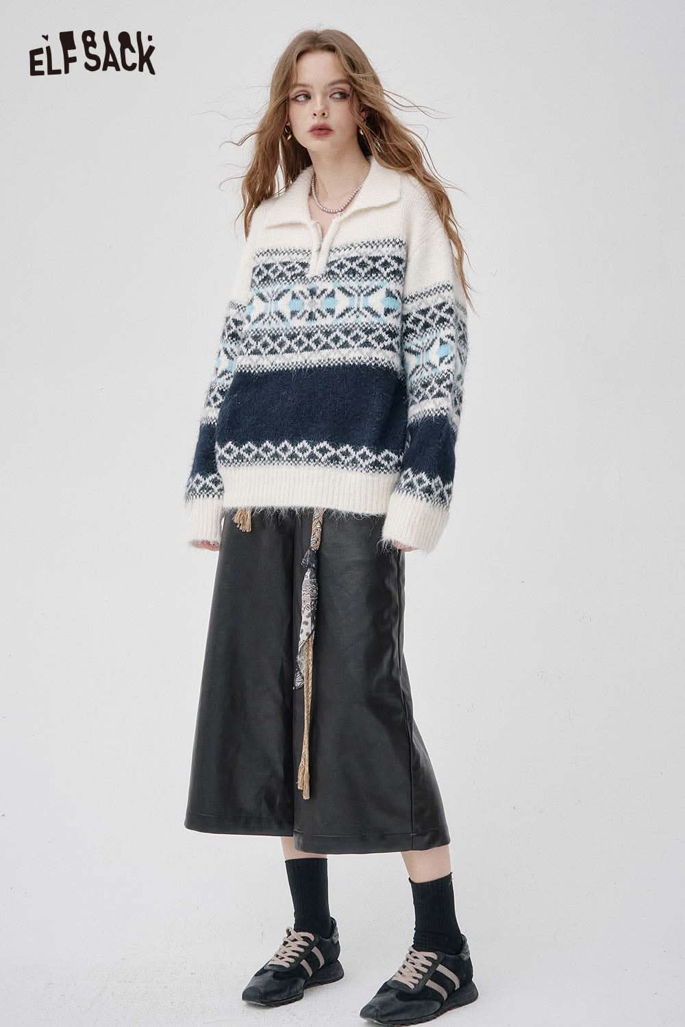 ELFSACK faux leather wide leg trousers paired with a cozy patterned sweater for a stylish look