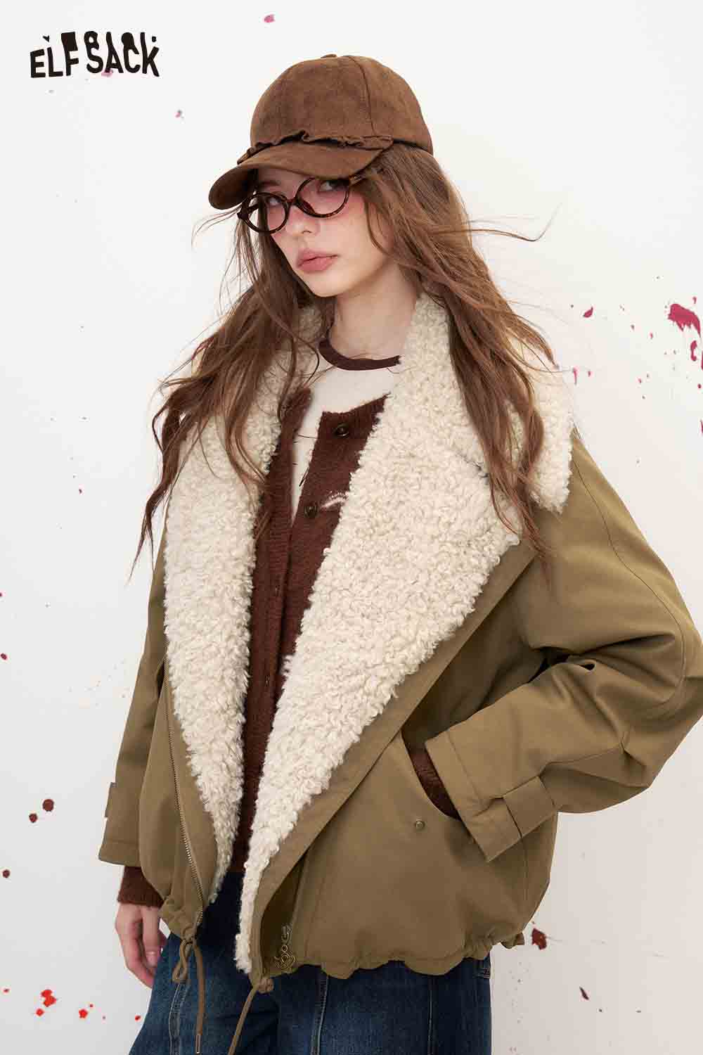 Faux Shearling Collar Loose Parka Coat