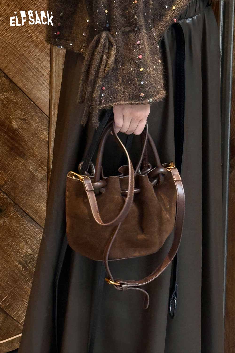 ELFSACK faux suede bucket bag in brown with stylish drawstring design and leather handles