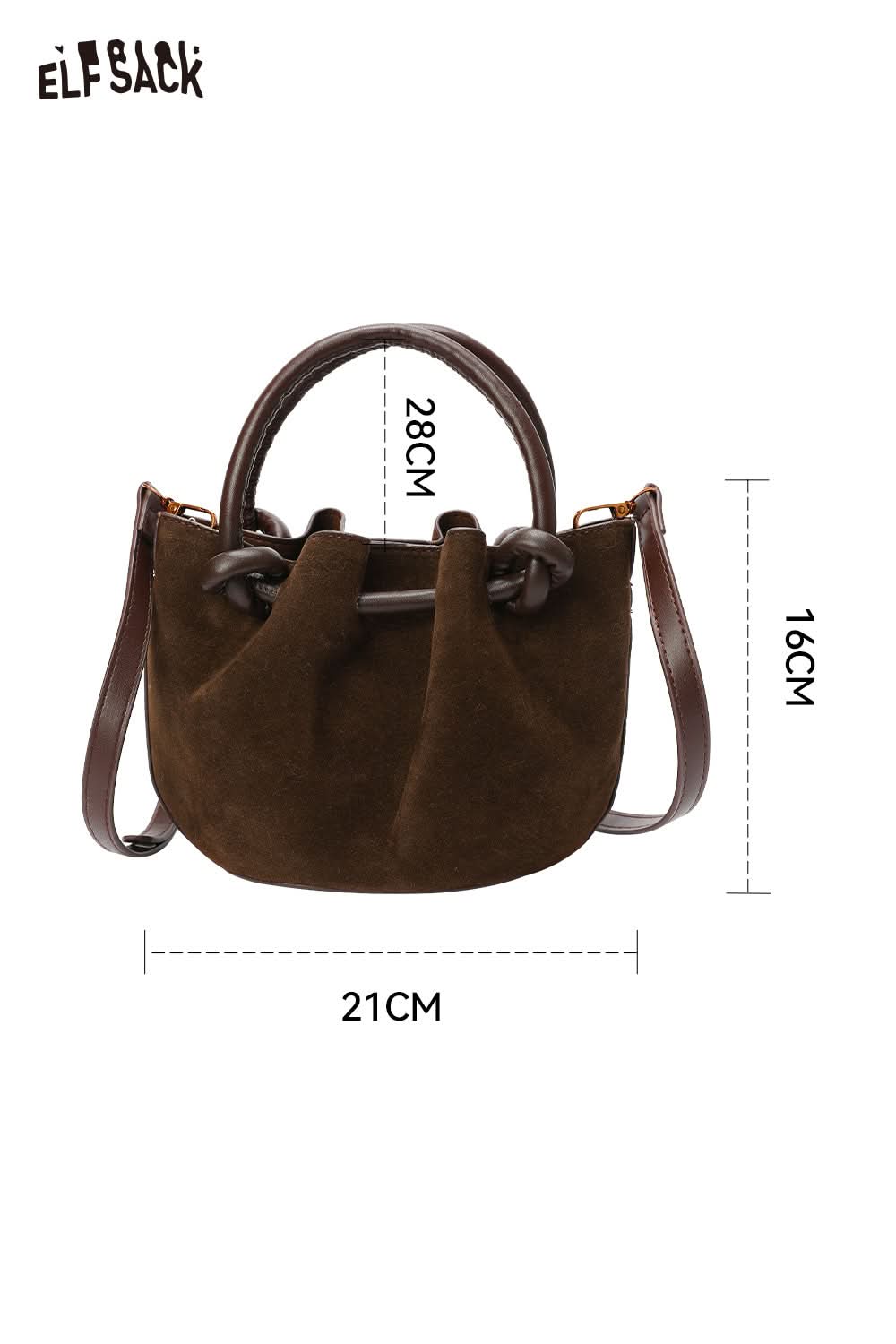 ELFSACK faux suede bucket bag in brown with stylish design and adjustable strap for versatile use
