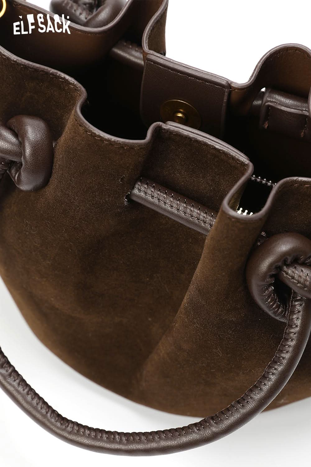 ELFSACK faux suede bucket bag in brown with unique drawstring closure and soft texture