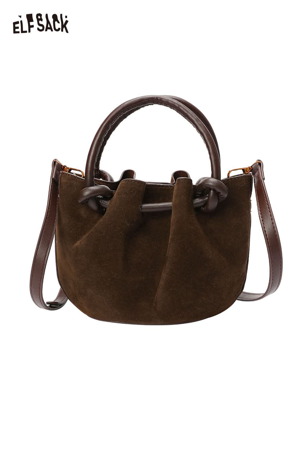 ELFSACK faux suede bucket bag in brown with stylish handles and a chic design