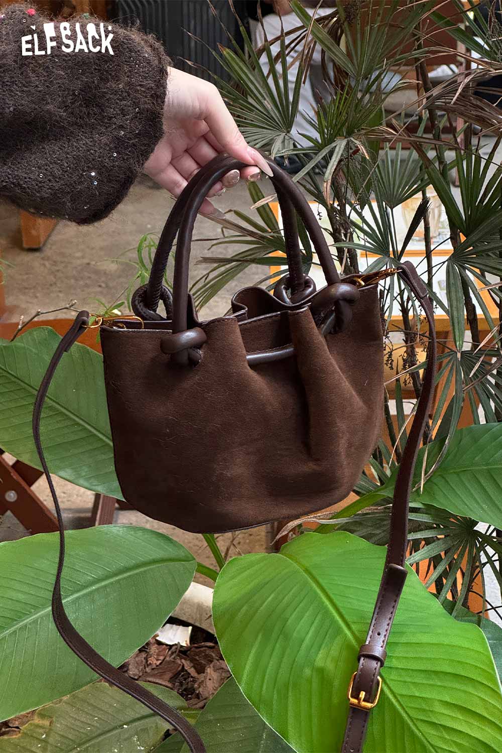 ELFSACK faux suede bucket bag in brown with adjustable strap for stylish everyday use