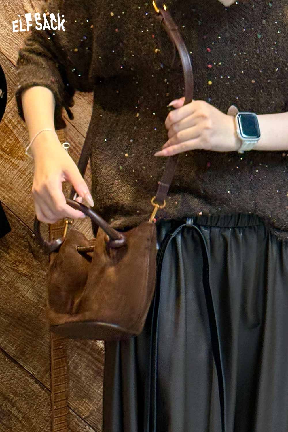 ELFSACK faux suede bucket bag in brown, perfect accessory for trendy outfits and casual outings