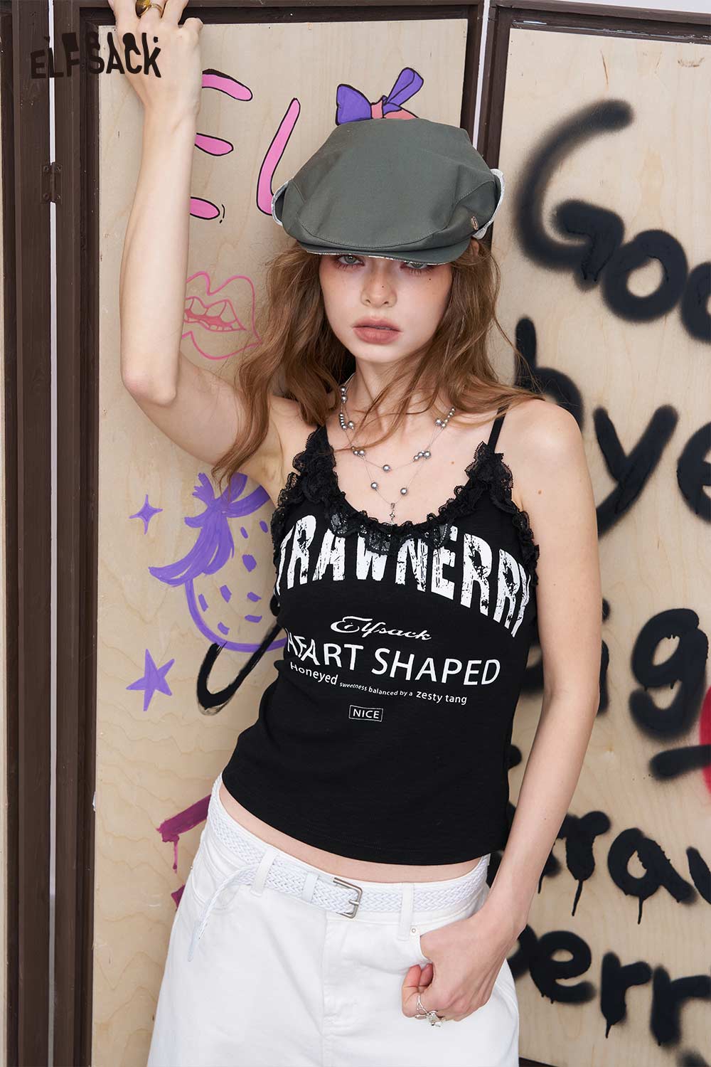 ELFSACK black lace patchwork camisole for women with white graphic text and adjustable spaghetti straps