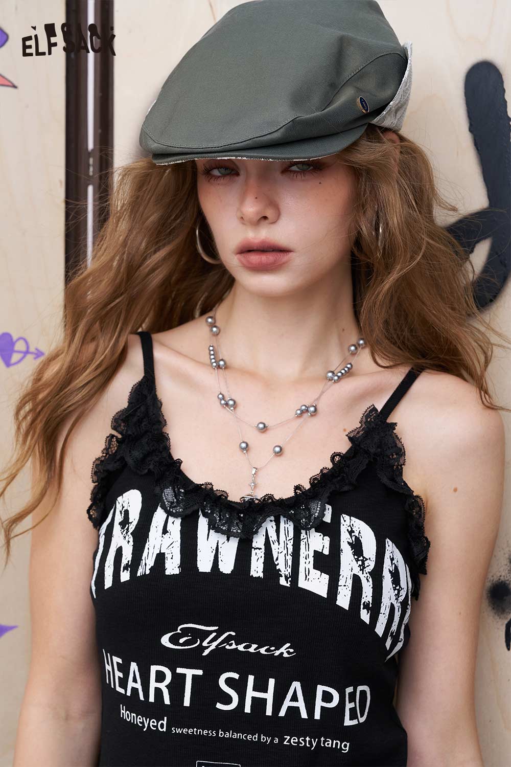 ELFSACK lace patchwork camisole for women black graphic tank with ruffled lace neckline and thin straps