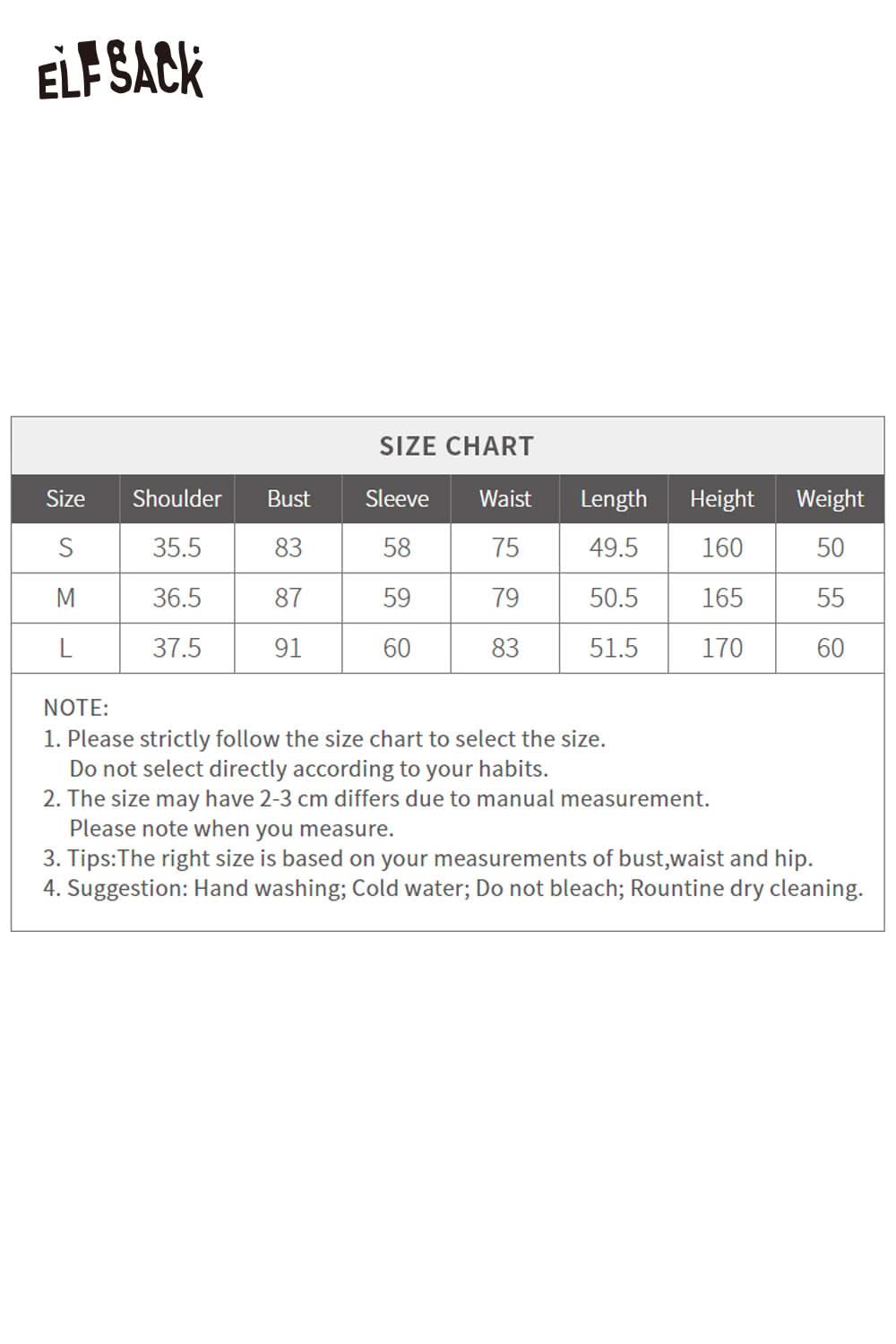 ELFSACK size chart for fitted hooded tee for women including bust, waist, and length measurements