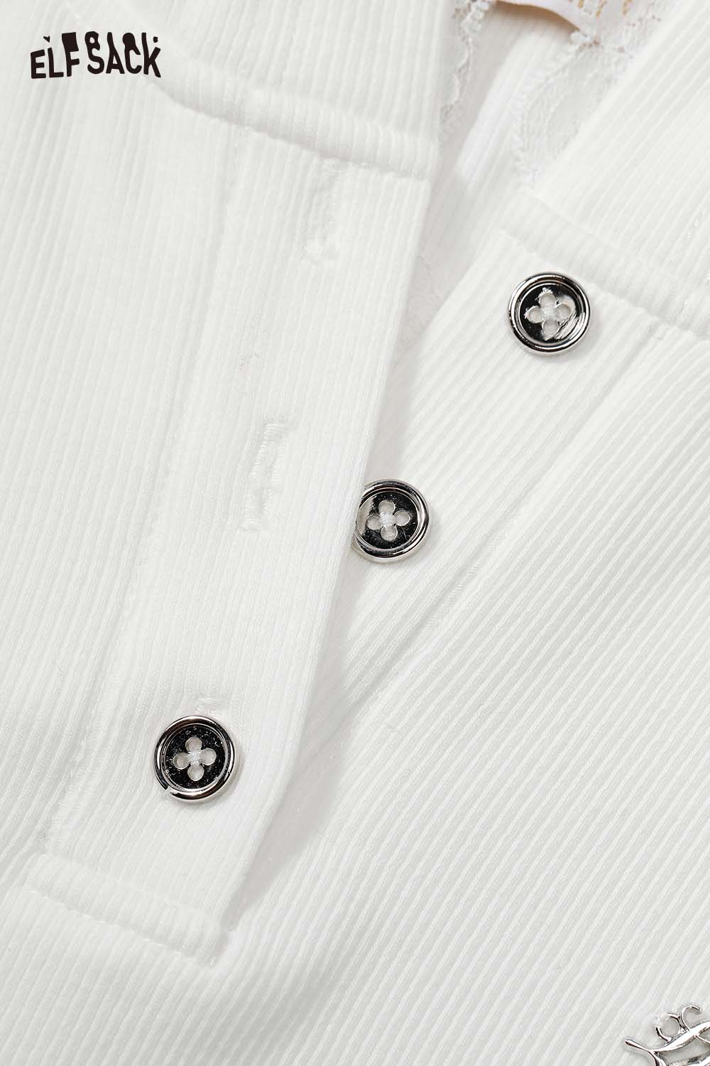 ELFSACK fitted hooded tee for women in white with button details and ribbed texture