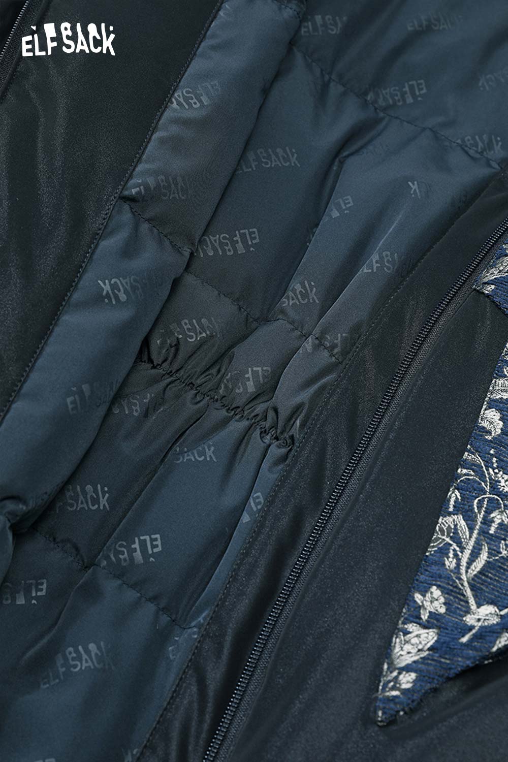 ELFSACK floral 3D bow down coat interior detail showcasing quilted lining and fabric design