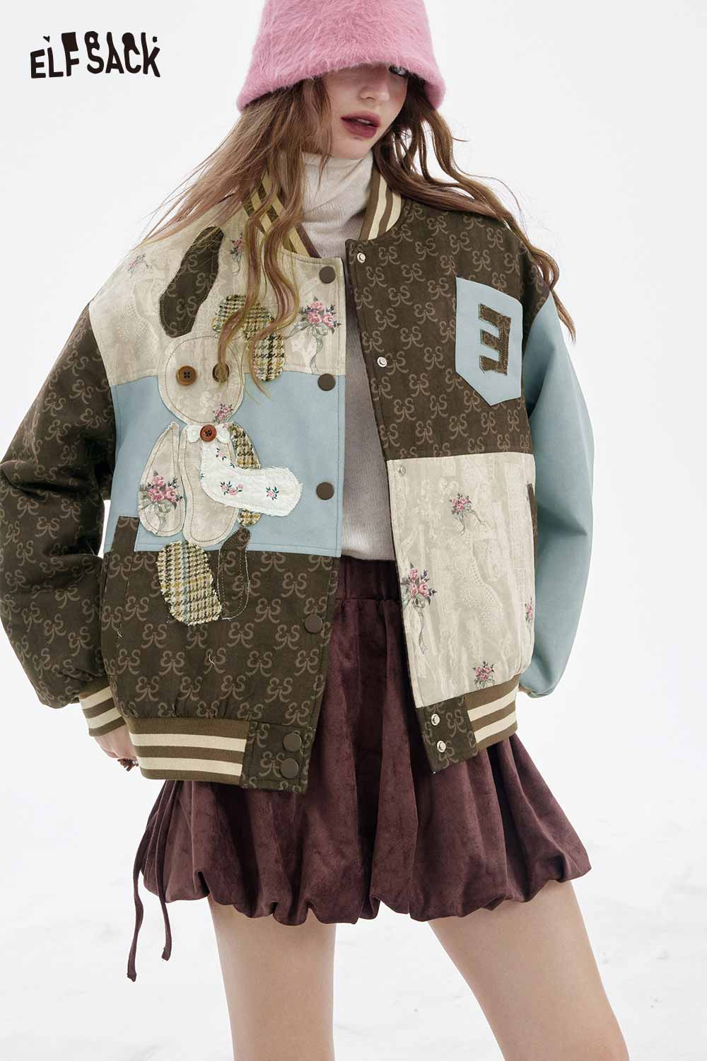 ELFSACK floral animal patchwork coat women with colorful designs and unique embroidery