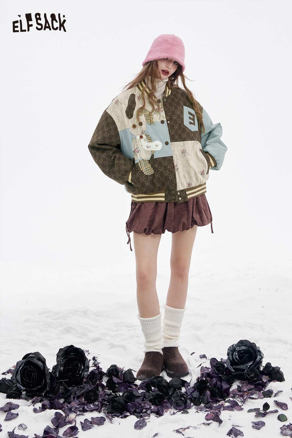 Women's floral animal patchwork coat by ELFSACK, featuring unique designs and a stylish relaxed fit