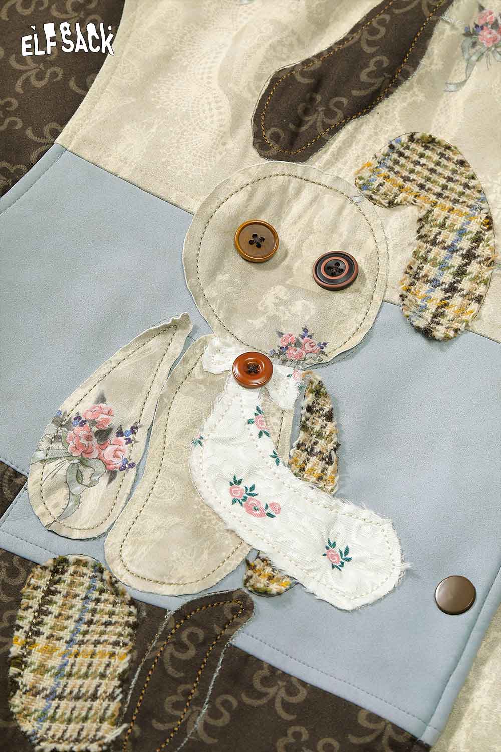 ELFSACK floral animal patchwork coat women featuring unique stitched designs and colorful buttons