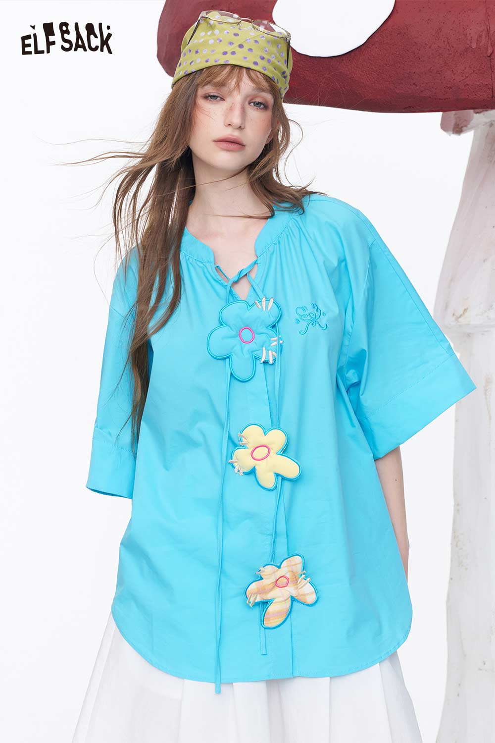 ELFSACK Floral Applique Cotton Poplin Blouse