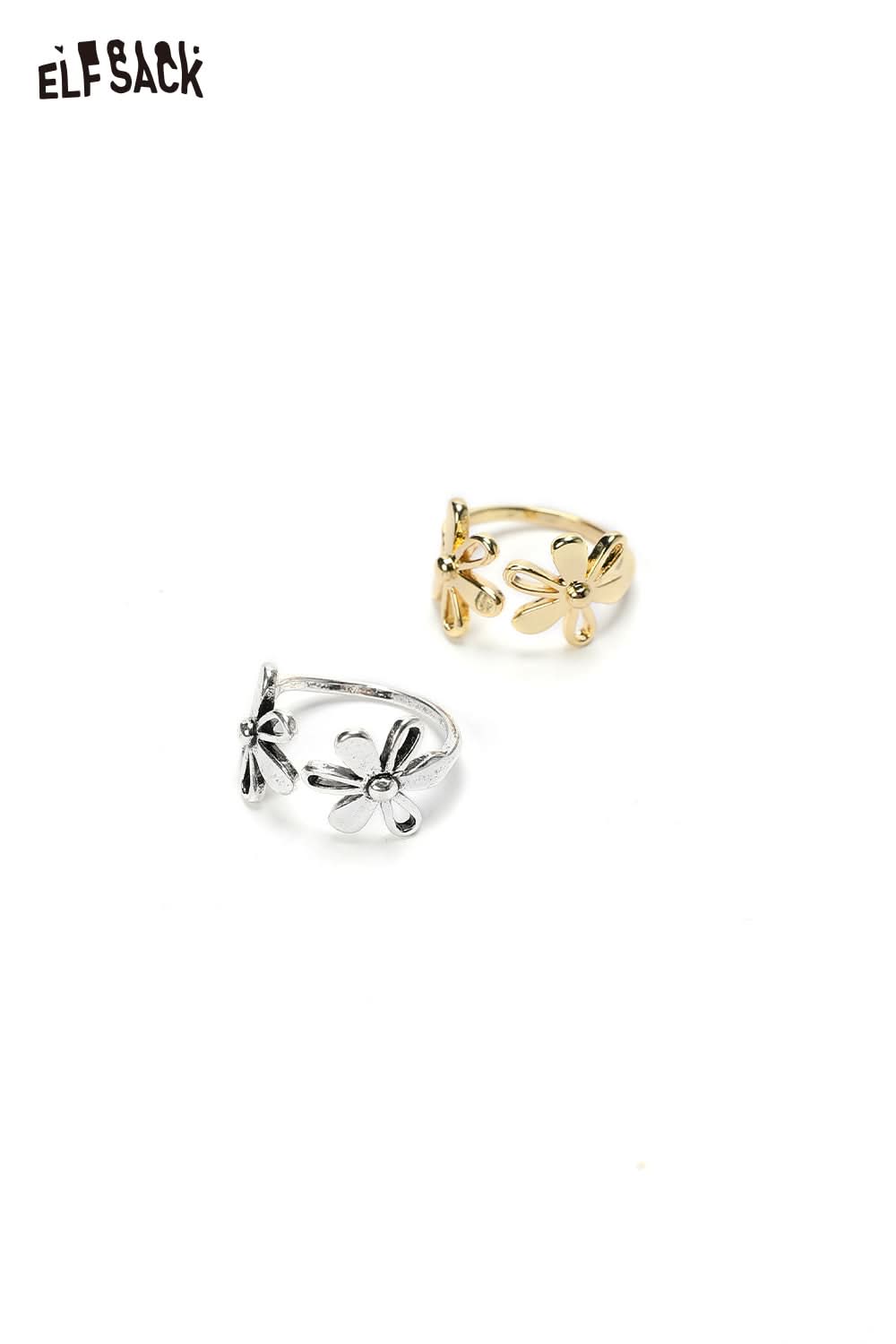 ELFSACK floral copper statement ring set featuring silver and gold flower designs for stylish accessorizing